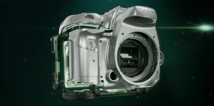 Canon camera body from side, with green light