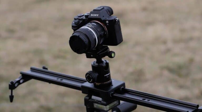 Video camera mounted on a slider for cinematic shot