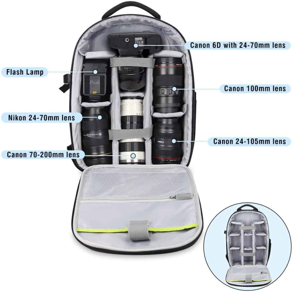 lenses and camera inside an Endurax camera backpack