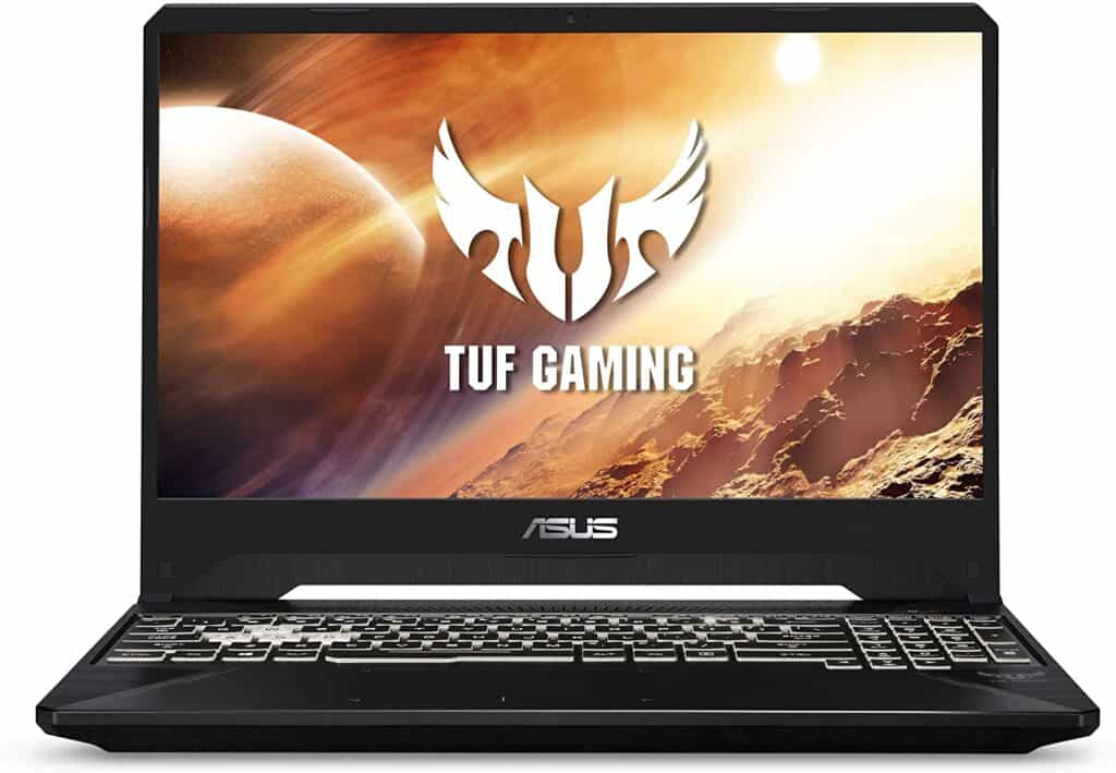 Black ASUS TUF Gaming front photo, screen showing logo, keyboard with white light