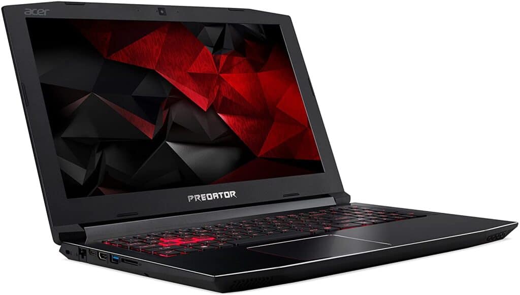 Black Acer Predator Helios 300 side shot, with red illuminated keyboard