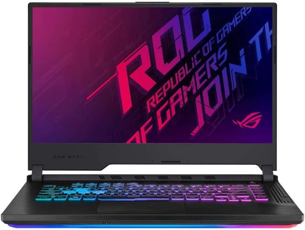 Black Asus ROG Strix G front photo, screen showing logo, keyboard with colored lights