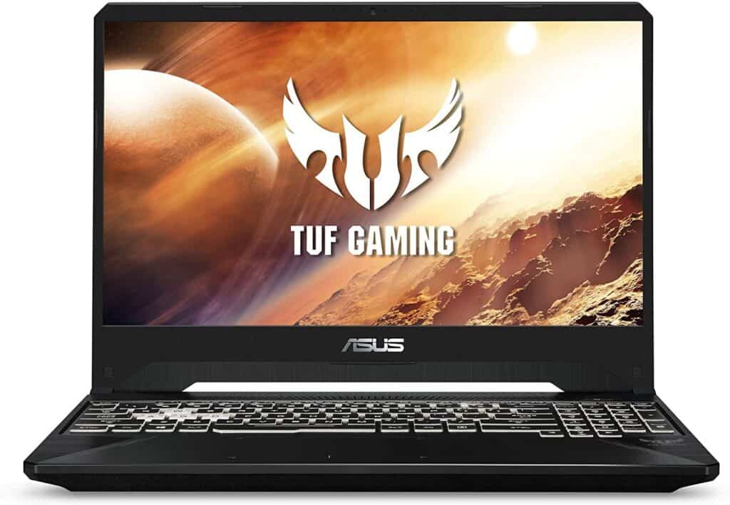 Black Asus TUF Gaming with white illuminated keyboard