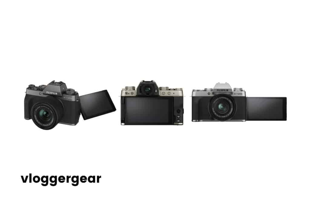Black Fujifilm X-T200 three camera positions, side showing screen positions, front, back