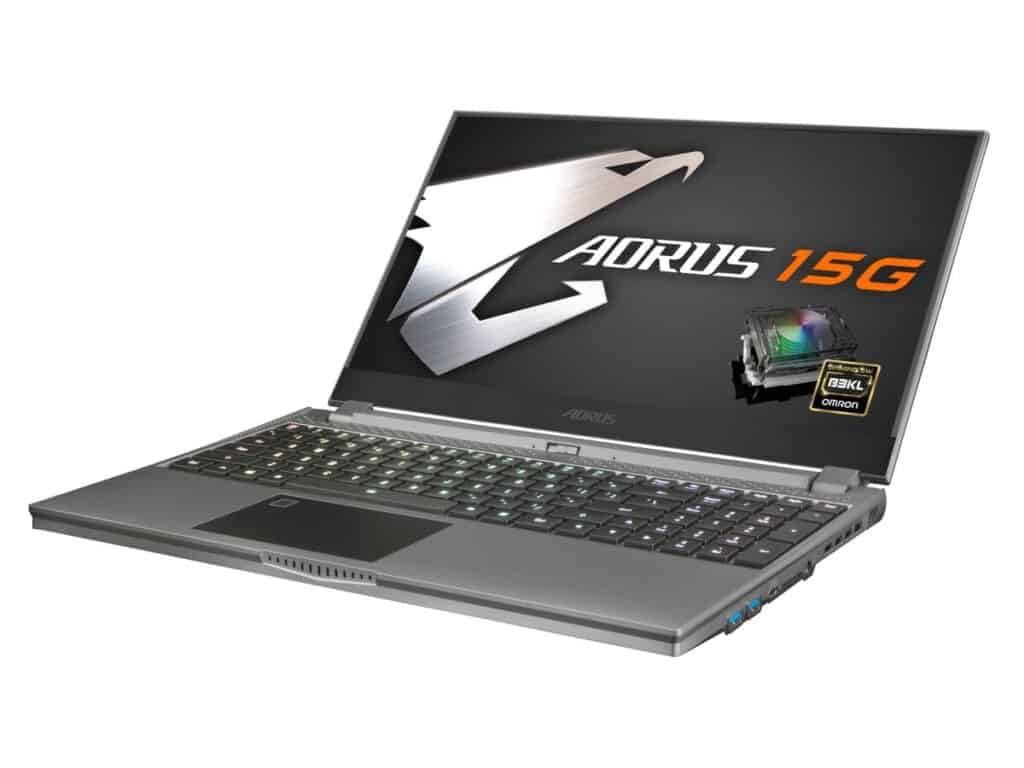 Gray GIGABYTE AORUS 15G side photo with the screen showing the logo and colored keyboard