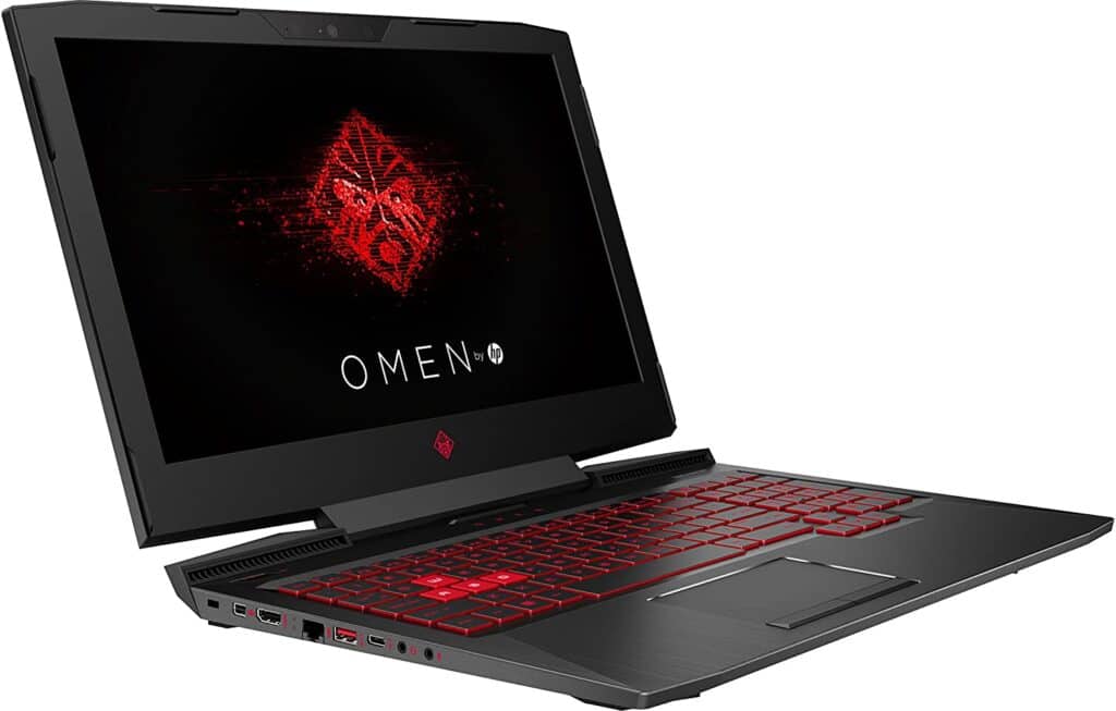 Black HP - OMEN Gaming side photo with red illuminated keyboard
