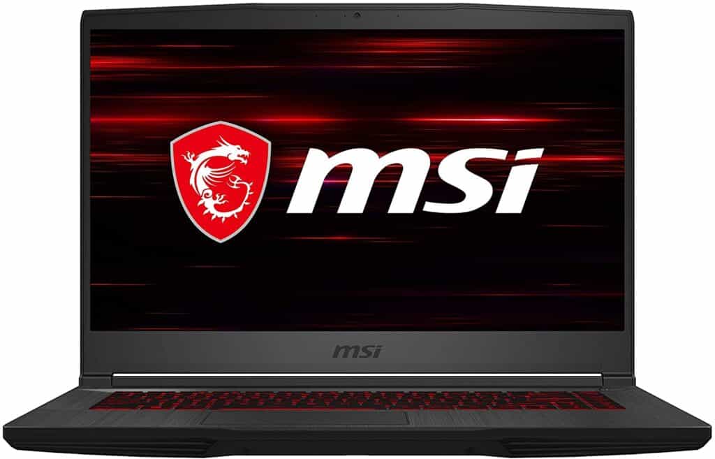 gray MSI GF65, front photo with red keyboard, and screen with logo