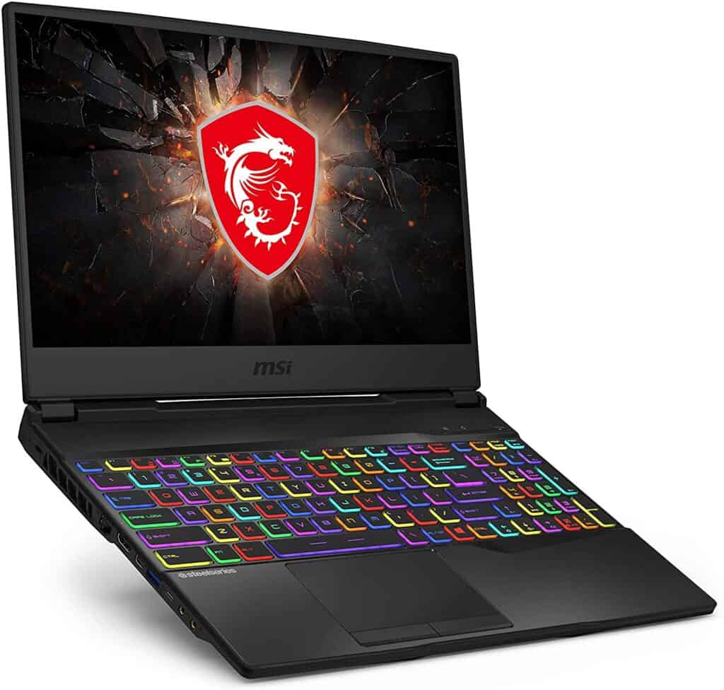 Black MSI GL65 side photo, with keyboard illuminated with colored lights, display with logo