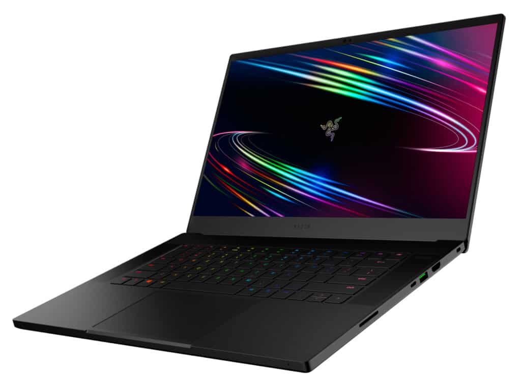 black Razer Blade 15, side view, keyboard with colored lights