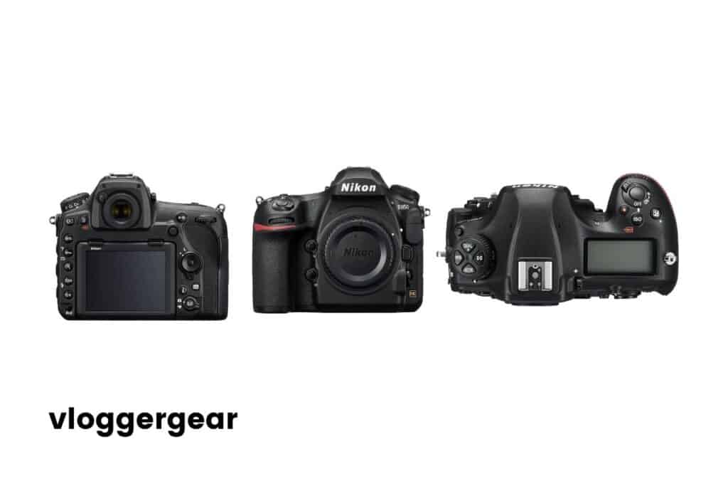 Black Nikon D850: front, side, and top angles.