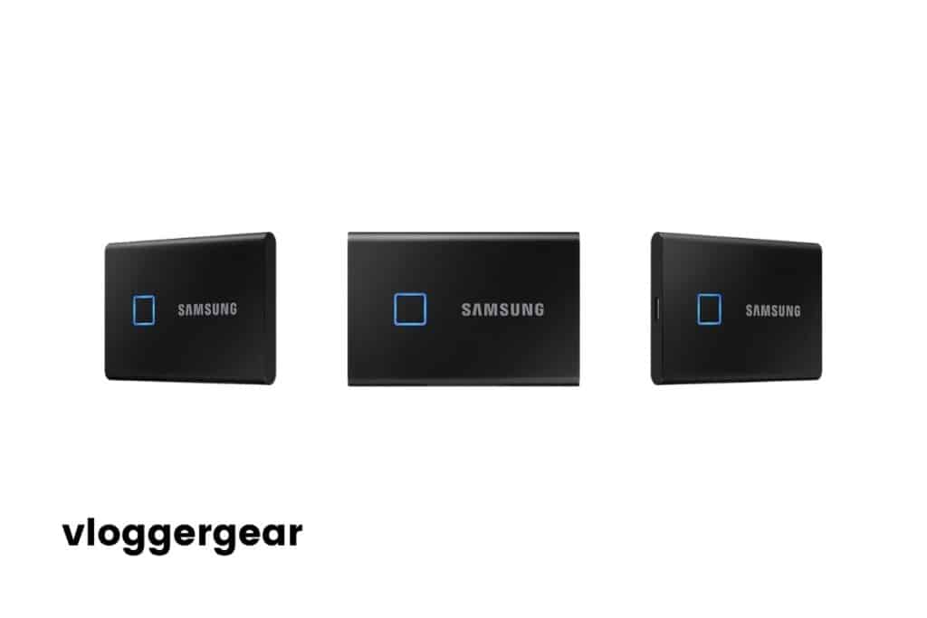Black SAMSUNG T7 Portable SSD 1TB front and side image
