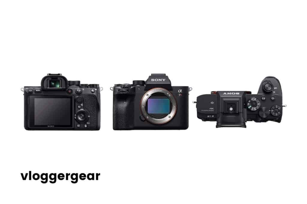 Black Sony Alpha a7R IV: front, side, and top angles.