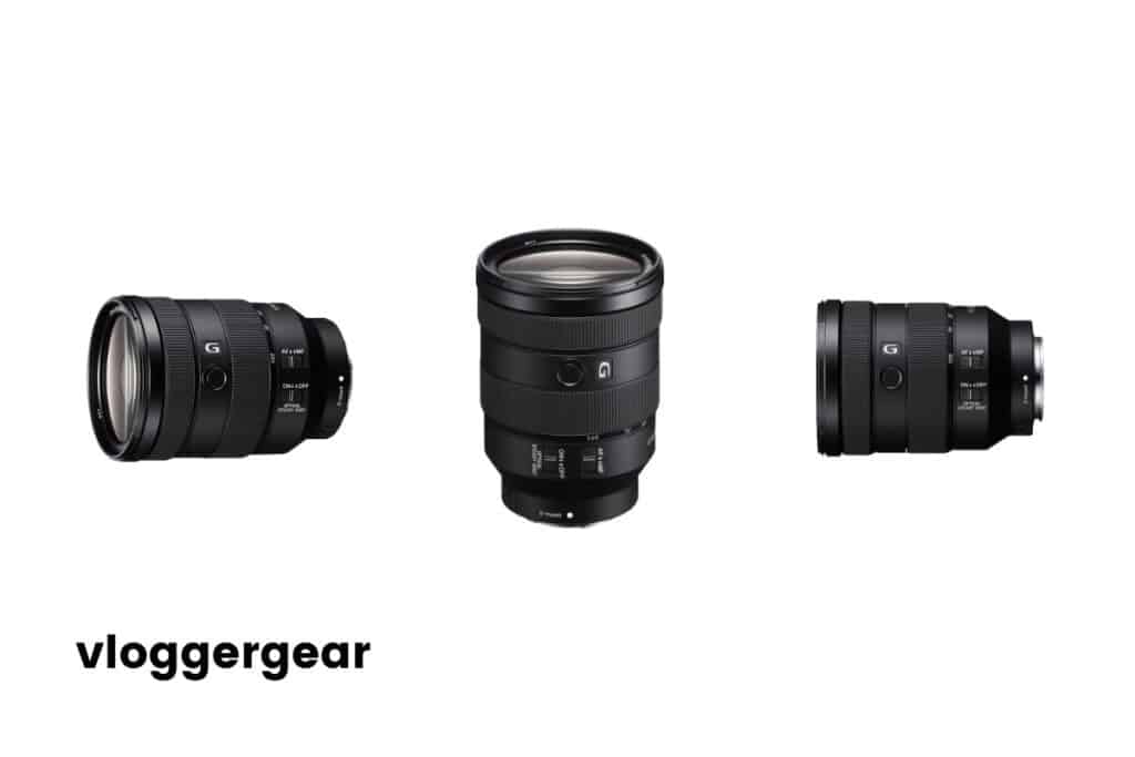 Black Sony FE 24-105mm f/4 G OSS Lens image from the front, from the side, and from above