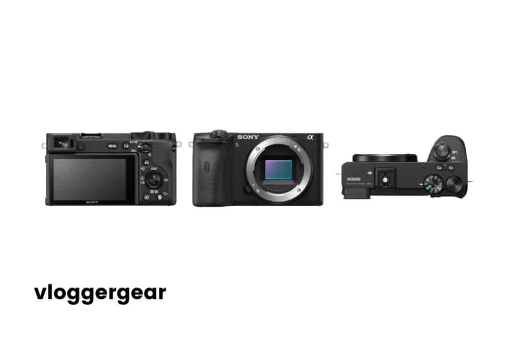 Black Sony a6600 pictured on three positions: front, side, and top.