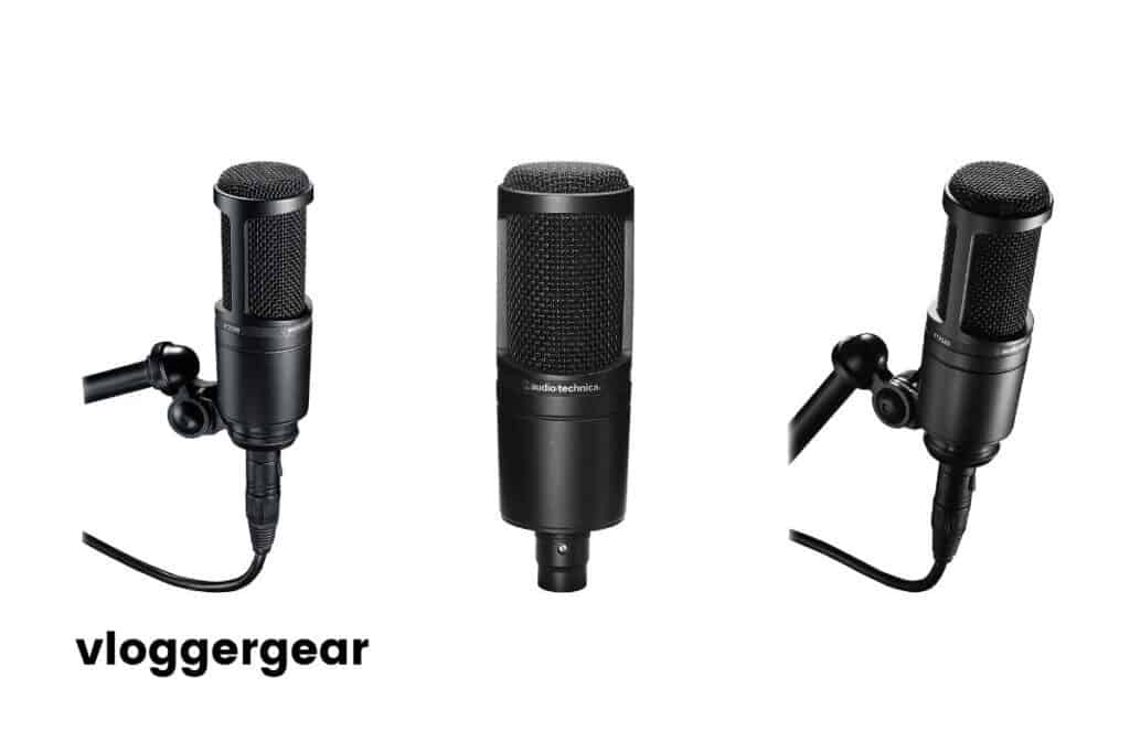 Black Audio-Technica AT2020 Cardioid Condenser Studio XLR Microphone, shown from the side, on its base and from the front
