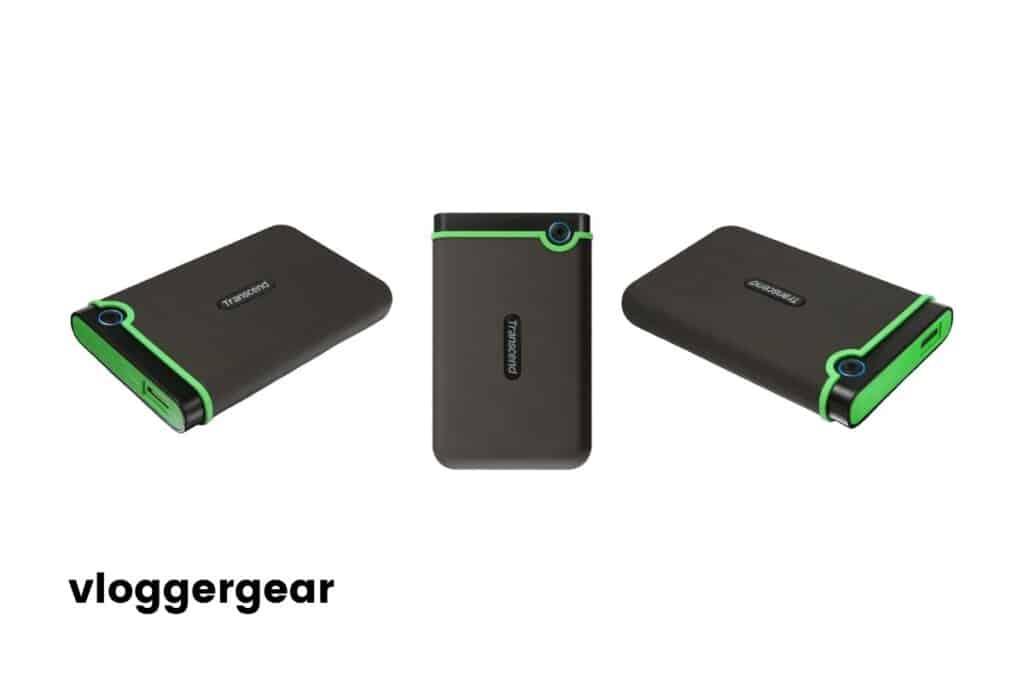 Black and green Transcend Rugged 1TB StoreJet front and side image