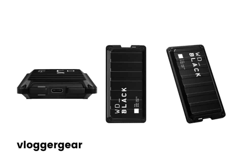 Black WD Black 2TB P50 Game Drive image from the front, from the side and from below